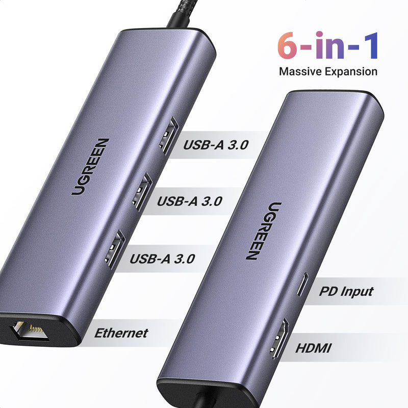 UGREEN Revodok 6 in 1 USB C Hub Gigabit Ethernet Adapter with 4K HDMI, 100W PD Charging, USB A Data Ports Compatible with Mac M1, M2, M3, iPad, iPhone 16 Pro/Pro Max, Steam Deck