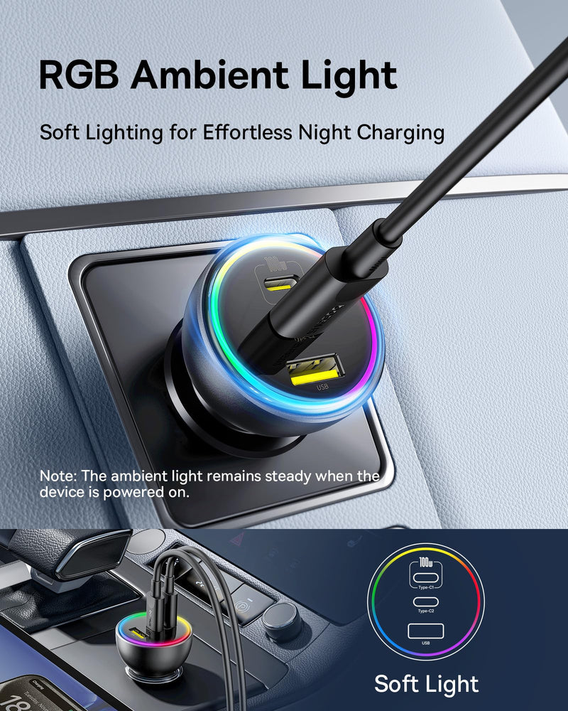 152.5W USB C Car Charger, Baseus Super Fast Charging 3 Ports Car Charger, PD3.0 QC4.0 Ultra Compact RGB Fast Type C Car PhoneCharger Adapter, for iPhone 17 16 15 14 Pro Max Samsung S24 MacBook iPad 152.5W with Cable