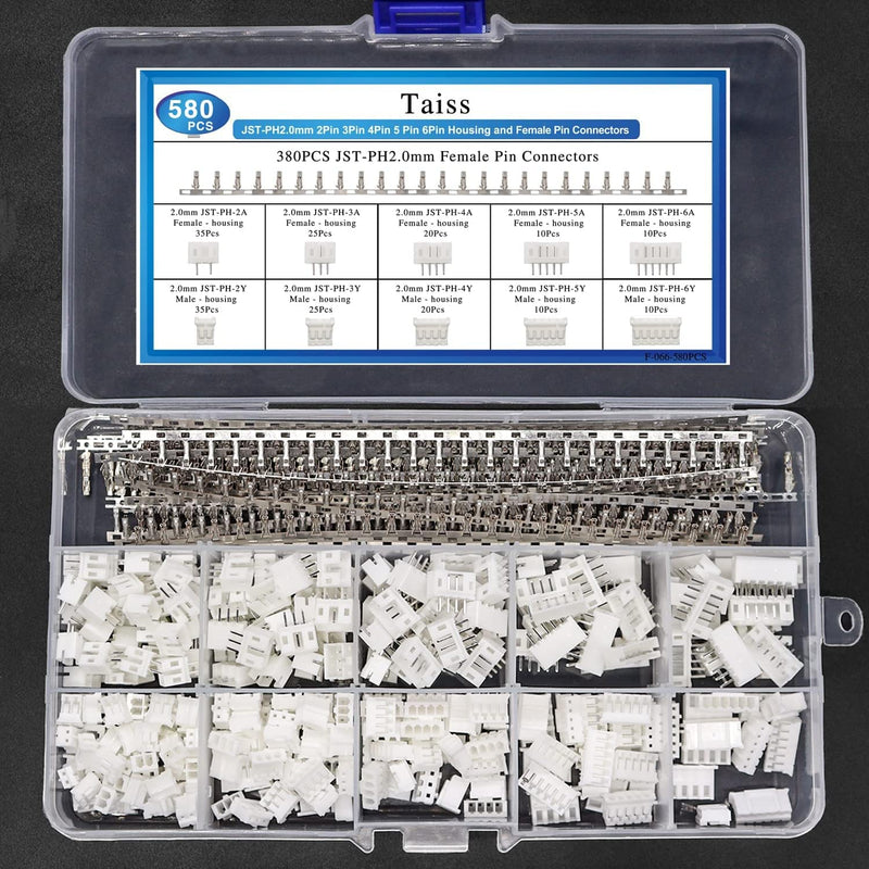 Taiss 580PCS JST PH Connector kit 2.0mm 2/3/4/5/6Pin Housing,Female and Male Adapter Cable Connector Plug,PH2.0mm Female Pin Connectors,JST Connector F-066-580PCS