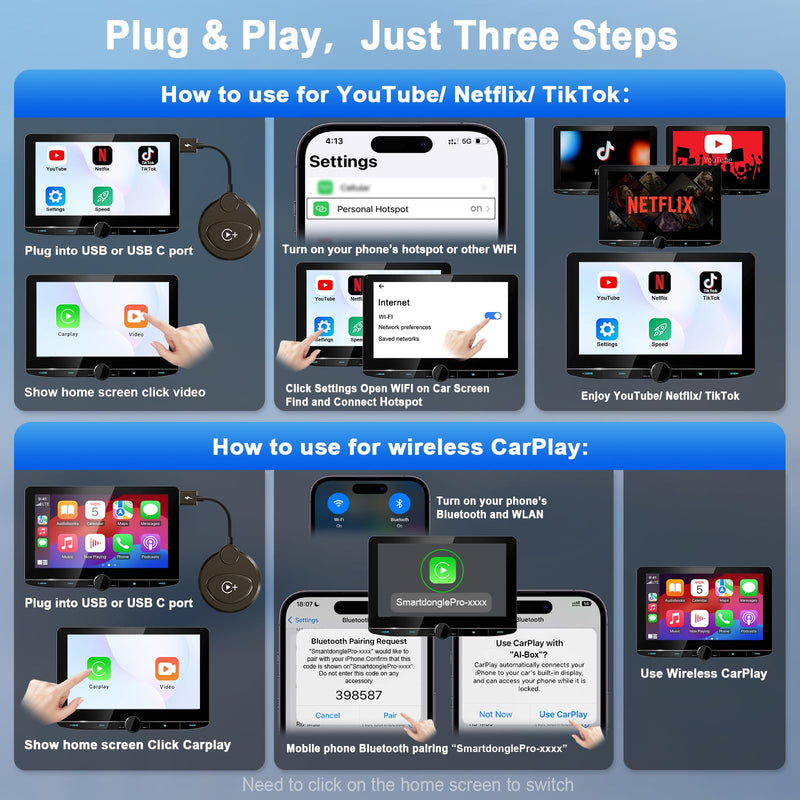 Wireless Carplay Adapter Built in YouTube Netflix,Carplay Wireless for Wired CarPlay to Wireless Support YouTube Netflix Tiktok Video Play,Easy Plug and Play_Black Black