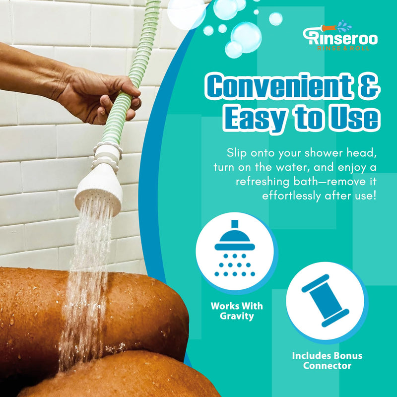 Rinseroo: Slip-On Handheld Shower Attachment Hose w/Spray Head-for Seated Bathing. Converts Fixed Shower Head into Handheld Bather. Portable, No-Install Shower Hose Wand for Seniors, RV. Gravity fed. 5 Feet