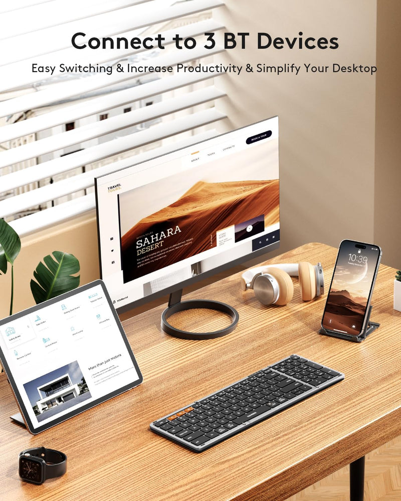 Samsers Foldable Bluetooth Keyboard with Numeric Keypad, Full-Size Wireless Folding Keyboard with PU Leather, Portable Travel Keyboard for iOS Android Windows Mac OS, Support 3 Device(BT5.1 x 3) Space Gray