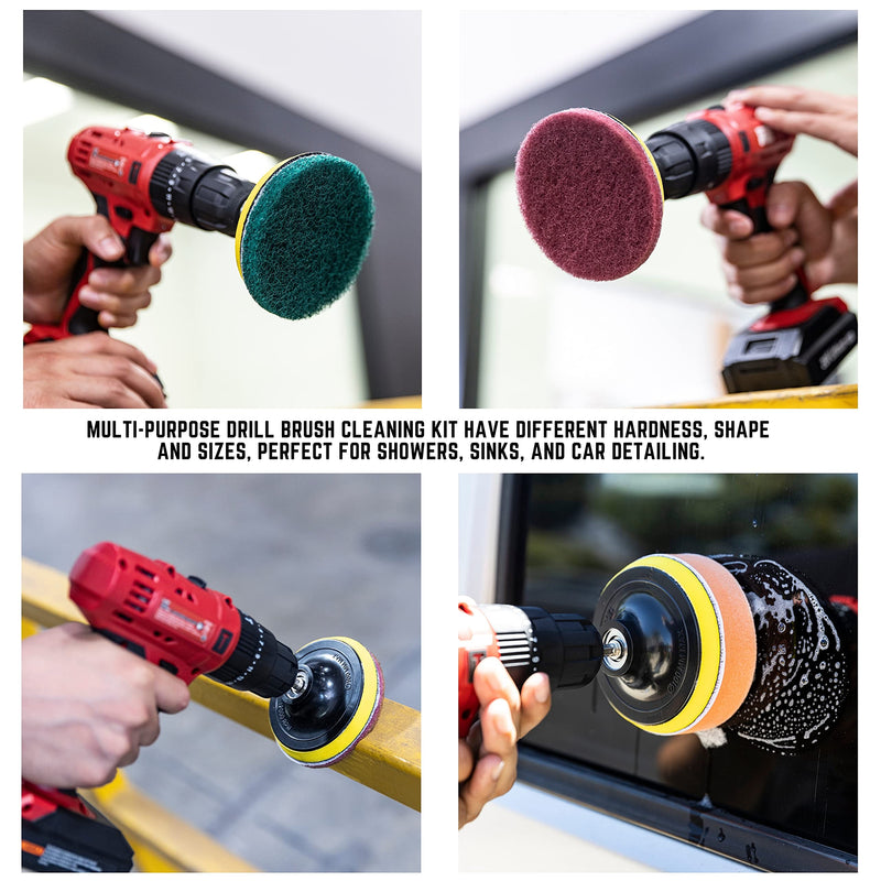 Neiko Drill Attachment Set | 15 Pieces | Polishing, Buffing, Scouring Cleaning Round Pad for Carpets | Power Scrub Brush for Toilets | Long Reach Extension Included, Multicolor