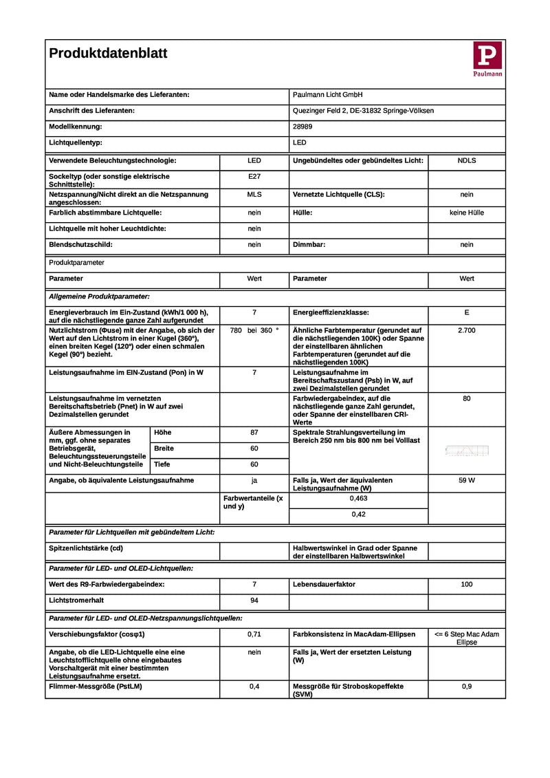 Paulmann 28989 LED EEK E (A - G) E27 Globe (mini) 7W warm white (Ø x H) 60mm x 87mm 1pc.