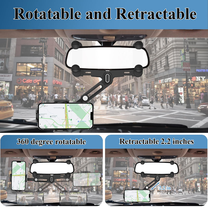Phone Mount for Car, Rear View Mirror Phone Holder, Rotatable and Retractable Phone Holder for Car Compatible with iPhone Samsung All 4-7 Inch Cell Phones