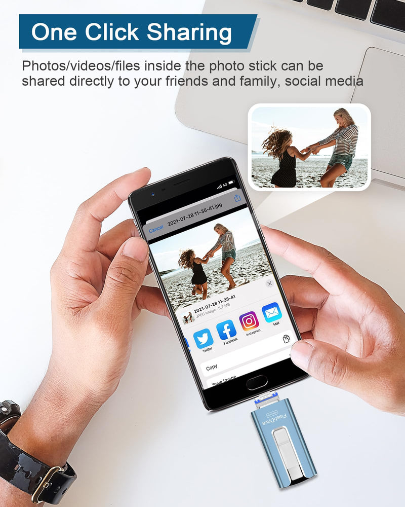 256GB USB Flash Drive for Phone and Pad, Photo Stick High Speed External USB Thumb Drives Photo Storage Memory Stick for Save More Photos and Videos (Blue, 256GB) Blue