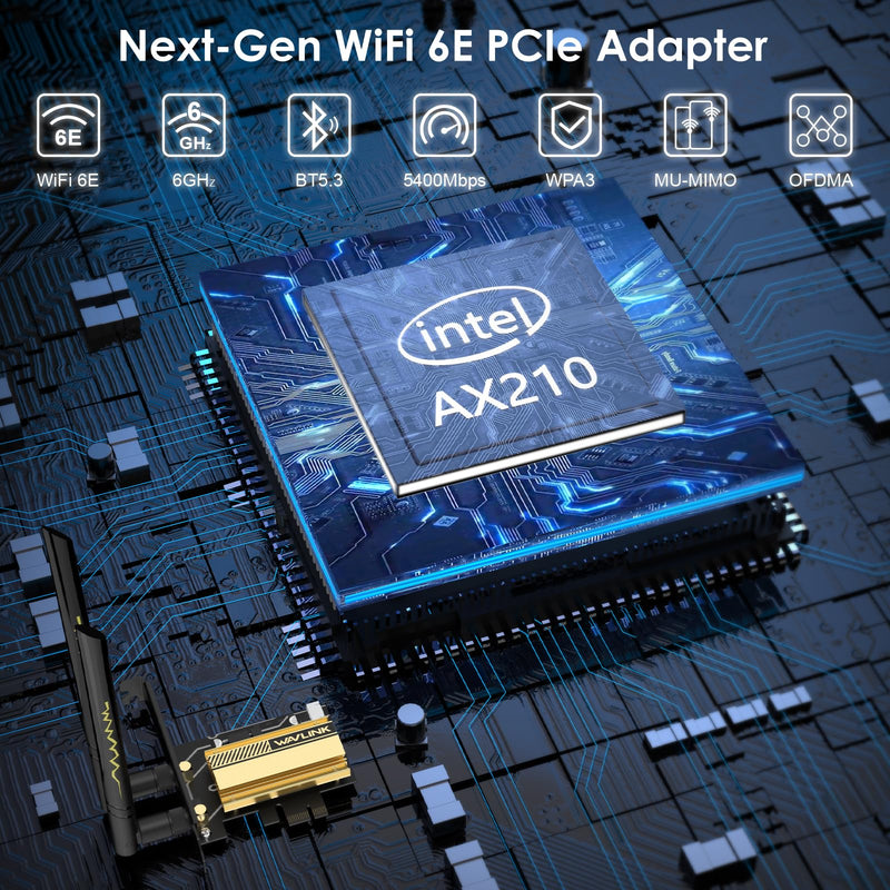 WAVLINK WiFi 6E AX5400 PCIe WiFi Card for Desktop PC, Tri-Band AX210 WiFi Card with Bluetooth 5.3, MU-MIMO, OFDMA, WPA3, Low-Profile Bracket, Heat Sink, Compatible with Windows 11/10, Linux
