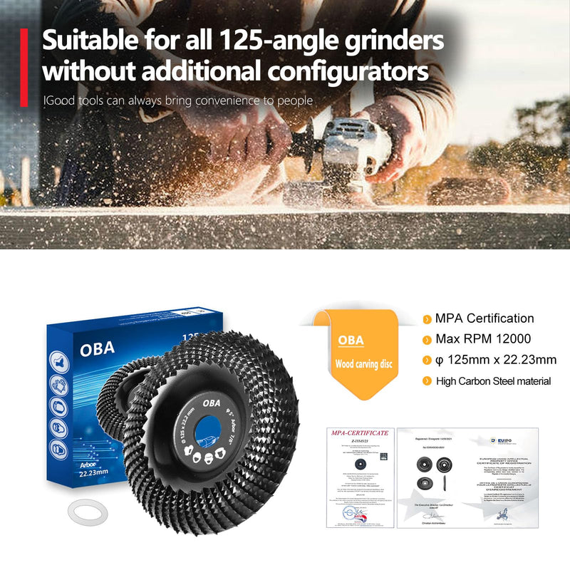 OBA wood grinding disc for angle grinder 125 mm wood carving disc, tungsten carbide wood grinding, sanding discs for shaping, grinding, carving, 125 mm curved