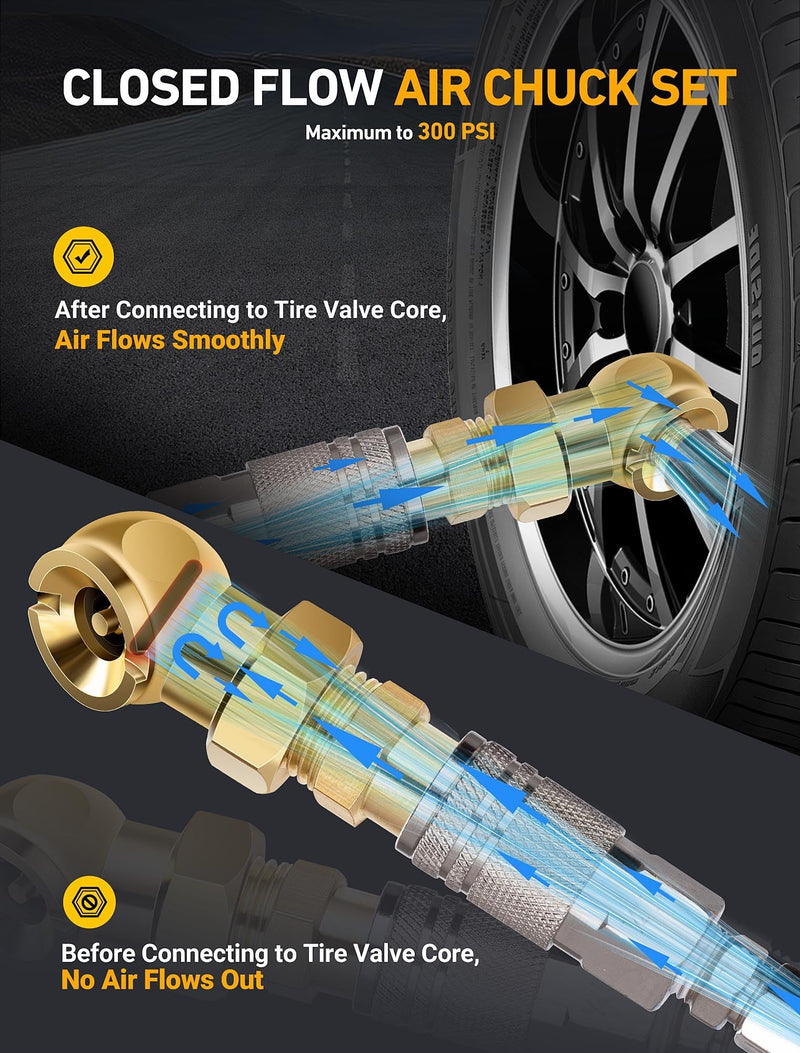 2-Pack Heavy Duty Air Chuck Set,Screw On Tire Inflator Nozzle & Closed Ball Tire Chuck with 1/4" NPT Standard Quick Plug, Tire Air Chuck w/Presta Valve & Air Pump Ball Needle Set