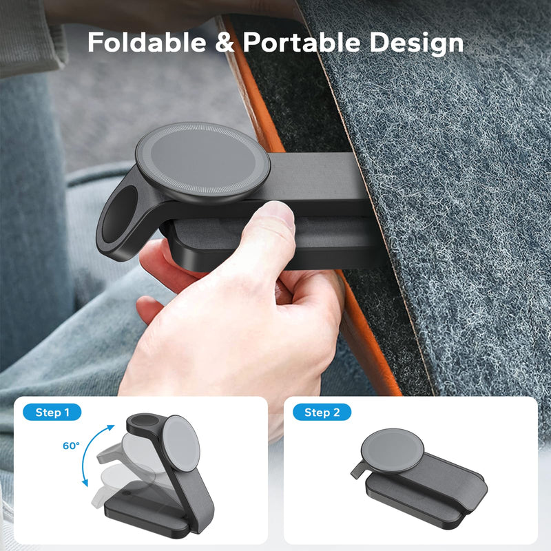 3 in 1 Foldable Wireless Charging Station for MagSafe, Travel Magnetic Charger Stand for iPhone 15 14 13 12 Pro Max, Fast Nightstand Charging Dock with Night Light for Apple Watch/AirPods
