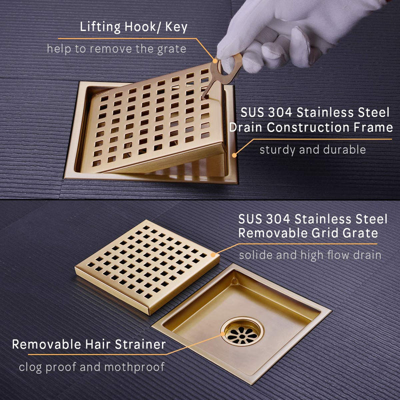 Square Shower Floor Drain with Removable Cover Grid Grate 6 inch Long, SUS 304 Stainless Steel Brushed Gold Brass Finished