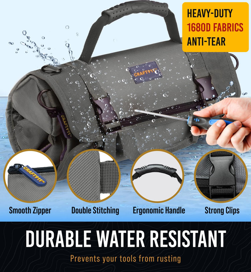 CRAFT911 Durable Tool Bag Organizers w/Detachable 6 Tool Pouches - Small | Compact & Lightweight Tool Roll Up Organizer for Electrician, Mechanic, Hobbyist Gray