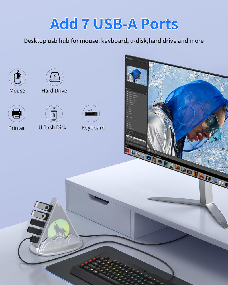 USB Hub 3.0, 7-Port USB Hub with RGB Night Light and Base, Vertical USB a Splitter for Desktop,Laptop, MacBook, Xbox, PS4/5, Game Console, Flash Drive, XPS, PC, Printer, Camera, Keyboard (Silver+Base) 2ft Silver