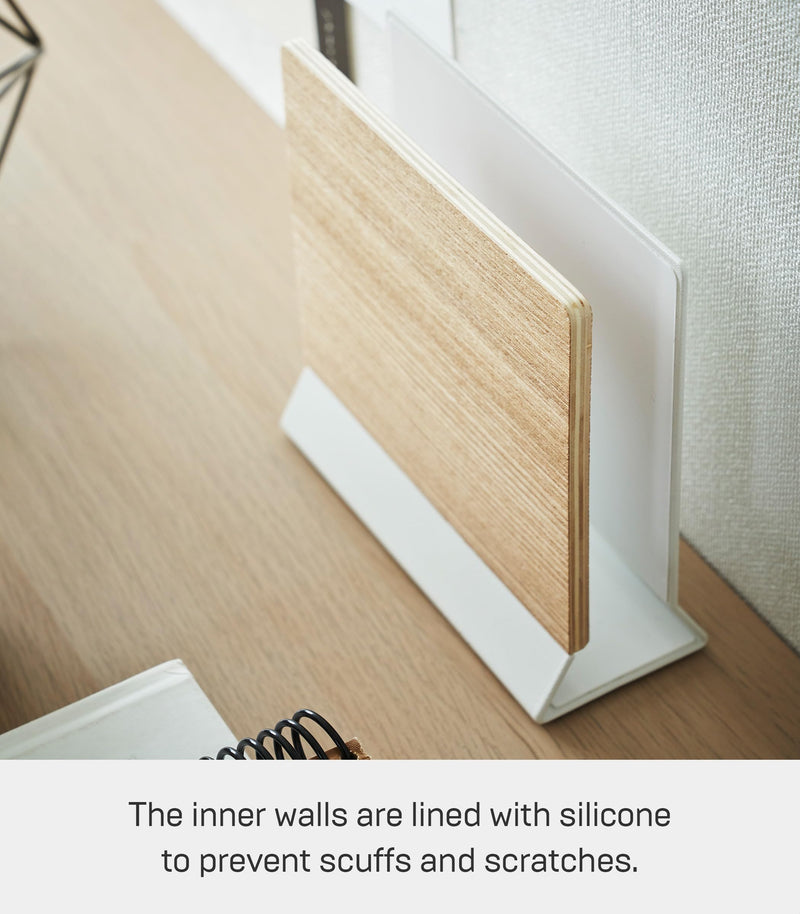 Yamazaki Home Rin Portable Laptop Holder Stand for Desk in Bedroom Or Office, Wooden Storage Station - Steel + Wood Walnut