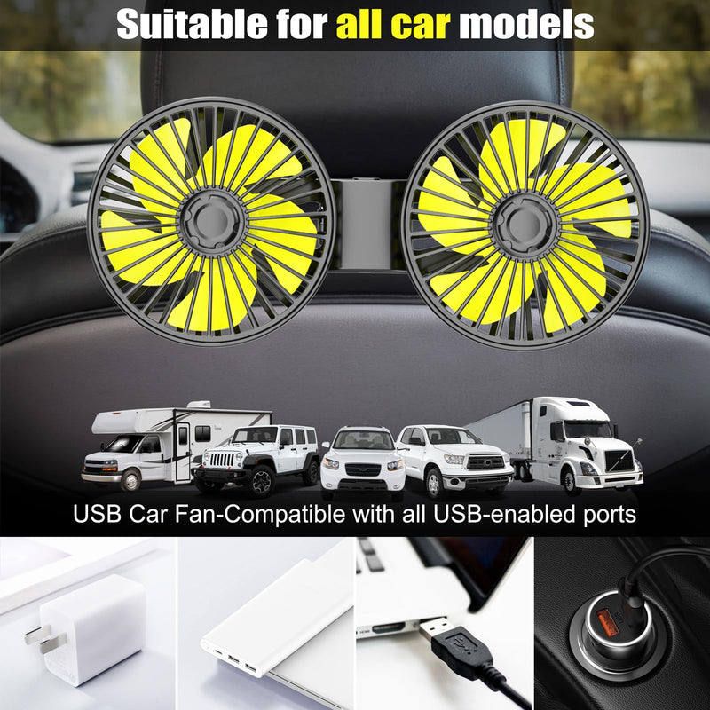 Car Fan, Dual Heads Car Fan for Backseat USB Car Rear Seat Fan Car Cooling Fan, 3 Speeds 360° Rotatable Strong Wind Portable USB Fan with Adjustable Clip Electric Car Fans for Vehicles RV SUV Truck