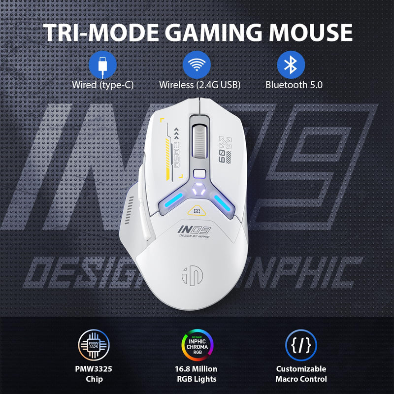 INPHIC IN9 Wireless Gaming Mouse, True Tri-Mode Bluetooth/Type-CWired/2.4G Wireless Mouse, 10000 DPl, Fully Programmable, RGB Backlit, Rechargeable Wireless Computer Mouse for Laptop PC Mac-White-Gray Gray