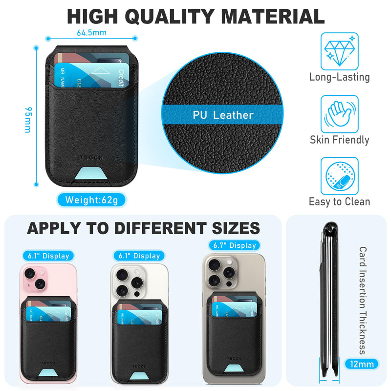TUCCH Magnetic Phone Wallet with Adjustable Stand, [RFID Blocking] Credit Card Holder, Fit 5 Cards, PU Leather Strong Magnetic Wallet for iPhone 15/14/13/12 Series, Not for iPhone 13/12 mini, Black