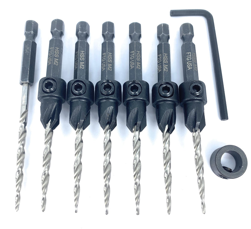 FTG USA Tapered Countersink Drill Bit Set 6 Pc #6 (9/64") Countersink Bit Same Size, 1 Tapered Drill Bit Replacement, Wood Countersink Drill Bits #6 (9/64") 6 Bits w/cutter + 1 Bit w/o cutter