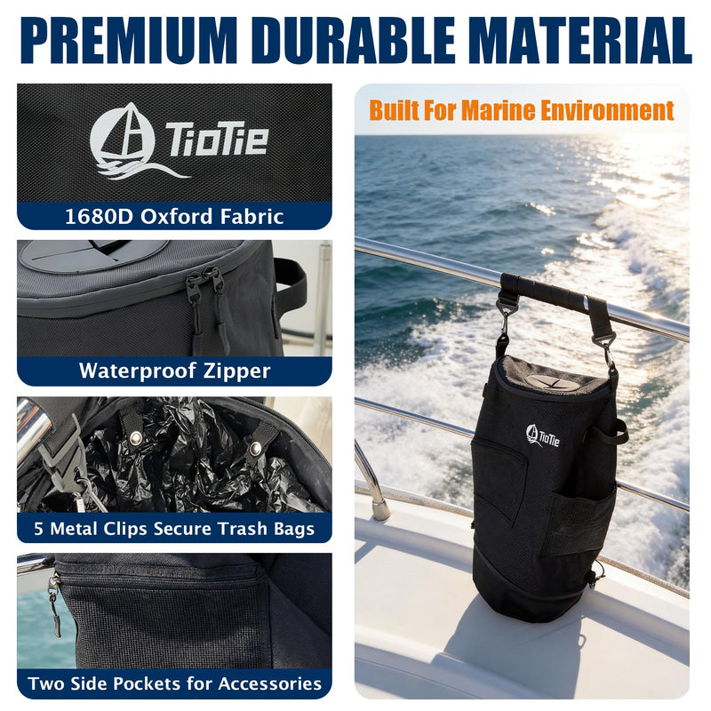 Boat Trash Can with 5.5in PVC Cross Opening, Large 26" Marine Garbage Bag for Pontoon, Fishing & Kayak Boats, 1680D Waterproof/Windproof Boat Trash Bag with Storage Pockets (Black) Black