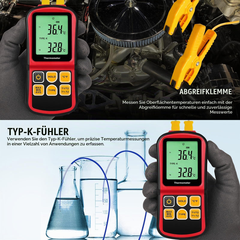 Dual Channel Thermocouple Thermometer, Type K/J/T/E/R/S/N, -150 to 1767 °C (-238 to 3212 °F) Digital Temperature Meter with Backlight Data Hold Function