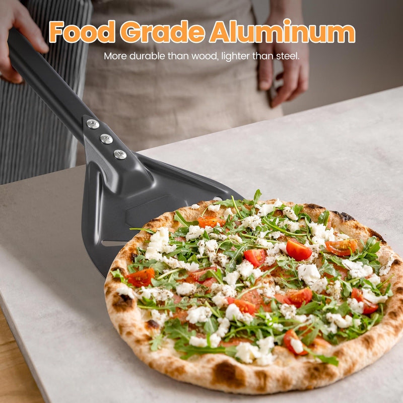 6” Pizza Turning Peel - Extra Long Handle Pizza Turner - Restaurant-Grade Aluminum Perforated Pizza Peel Lightweight Metal Outdoor Pizza Oven Accessories 6” Extra long handle turning peel Black