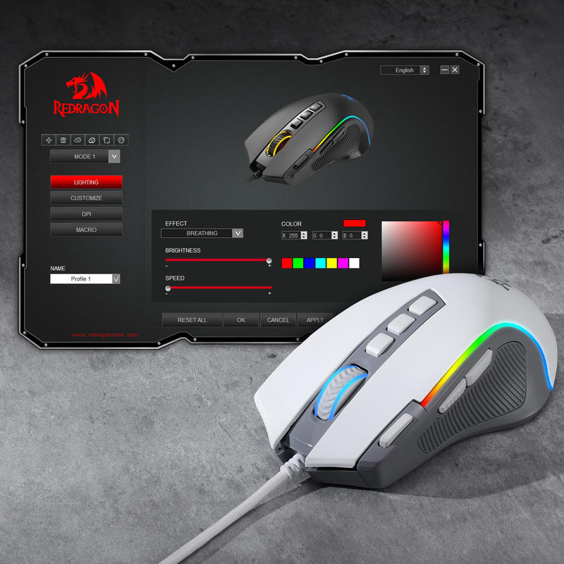 Redragon M612 RGB Gaming Mouse, 8000 DPI Wired Optical Gamer Mouse with 9 Programmable Buttons & 5 Backlit Modes, Software Supports DIY Keybinds Rapid Fire Button, Gray&White
