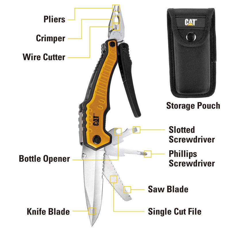 Caterpillar Multi Function Tool 9-in-1, X-Large, Long Nose Pliers, Wire Cutter, Knife, Bottle Opener, Screwdriver, Saw Blade, with Pouch - Yellow 980045 One Size