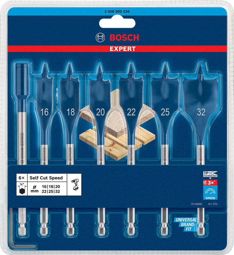 Bosch Accessories 7x Expert SelfCut Speed flat milling drill set (for soft wood, coarse chipboard, Ø 16-32 mm, impact drill accessories) New version