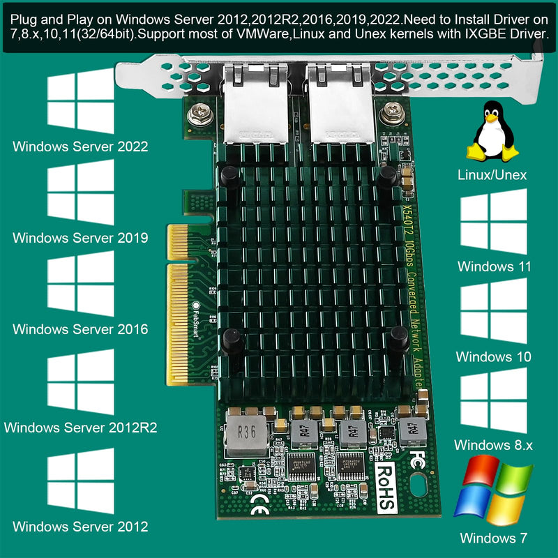 PCIE X8 Interface to 2X 10Gbps RJ45 Ports Network Adapter, Intel X540-AT2 Ethernet Controller, 2X 10GbE RJ45 Interface PCIE NIC Card, PCI Express 10GbE Converged Network Adapter (X540T2) X540T2