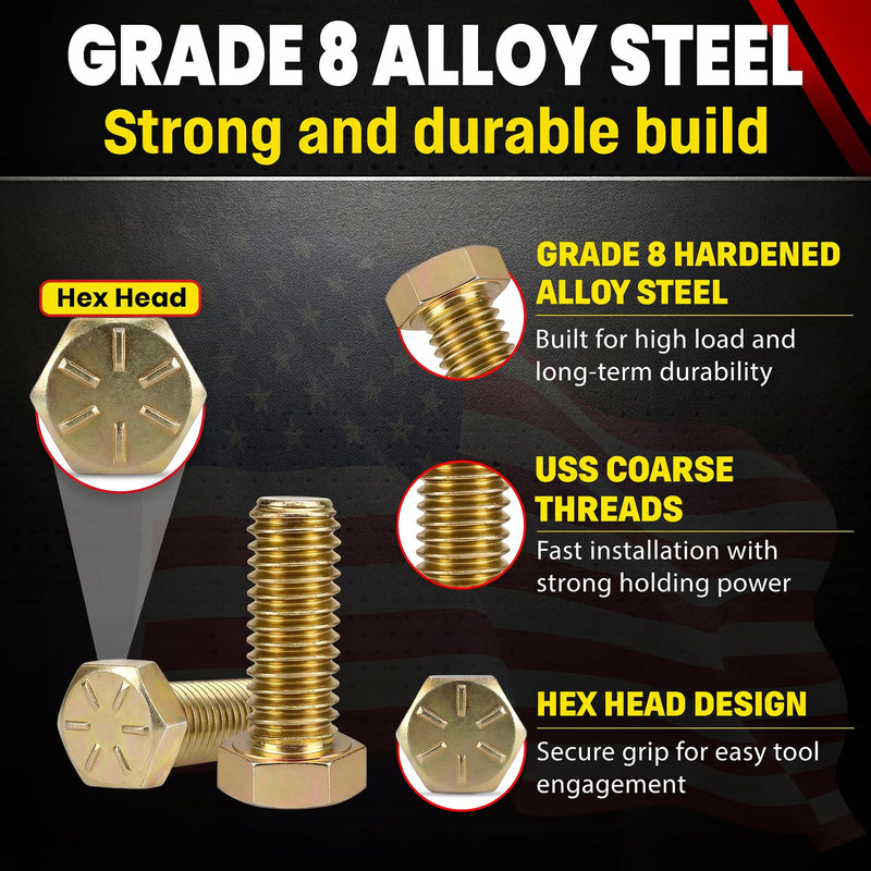 Chenango Supply 3/8-16 x 1 Grade 8 Hex Head Bolts – Alloy Steel, Yellow Chromate Zinc, 150,000 PSI Tensile Strength, High-Strength Hex Head Cap Screws, (25 Pieces, 3/8-16 x 1 G8) 3/8-16x1" (25 pcs)