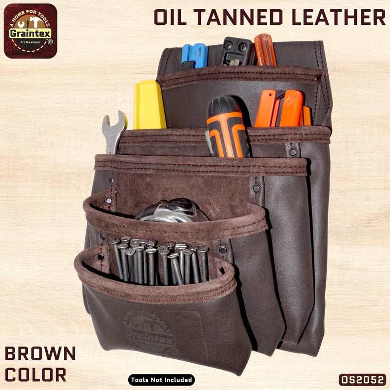 Graintex OS2052 5 Pocket Oil Tanned Nail & Tool Pouch Dark Brown Color for Constructor/Electrician/Plumber
