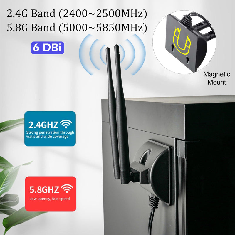 WiFi Antenna with RP-SMA Male Connector 2.4G 5.8G Dual Band 6dBi WiFi Antenna Magnetic Base 1.2m Cable for Wireless Router WiFi Network Card