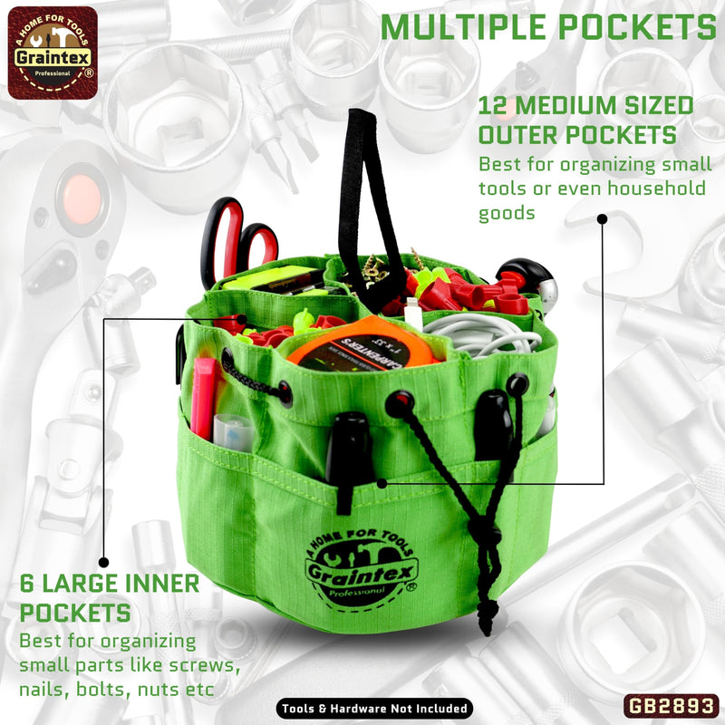 Graintex 18 Pockets Grab Bag Rip-stop Canvas Drawstring Closure, Small Part Organizer Pouch, Small Tools, Screws, Parts, Parachute Tool Bag for Efficient Storage - Lime Green
