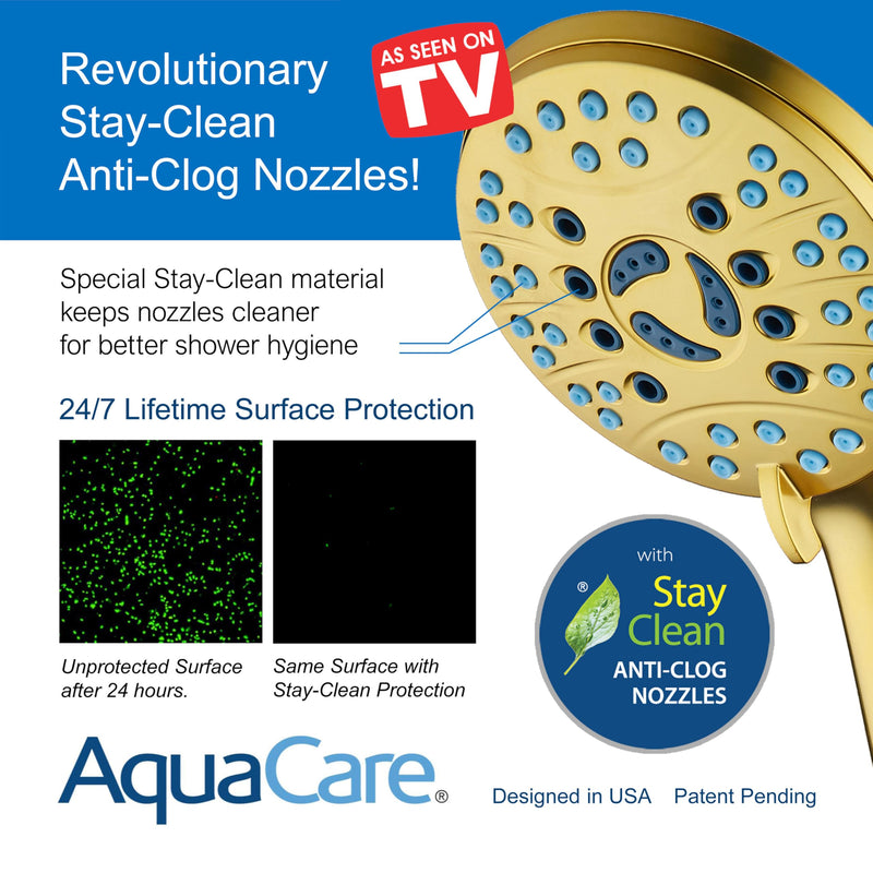 AquaCare High Pressure 8-mode Handheld Shower Head - Anti-clog Nozzles, Built-in Power Wash to Clean Tub, Tile & Pets, Extra Long 6 ft. Stainless Steel Hose, Wall & Overhead Brackets Modern Gold