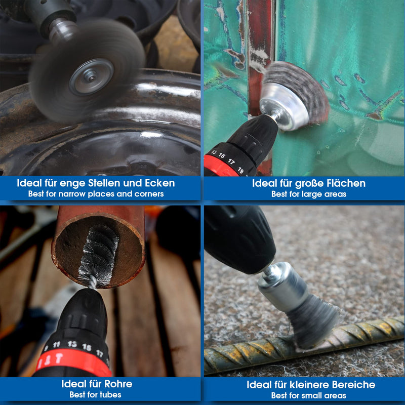 S&R wire brush set 5 pieces for drill, corrugated steel wire - round shaft 6mm - removal and polishing; In the set: disc, cup, brush and cylinder steel brush 5 pieces