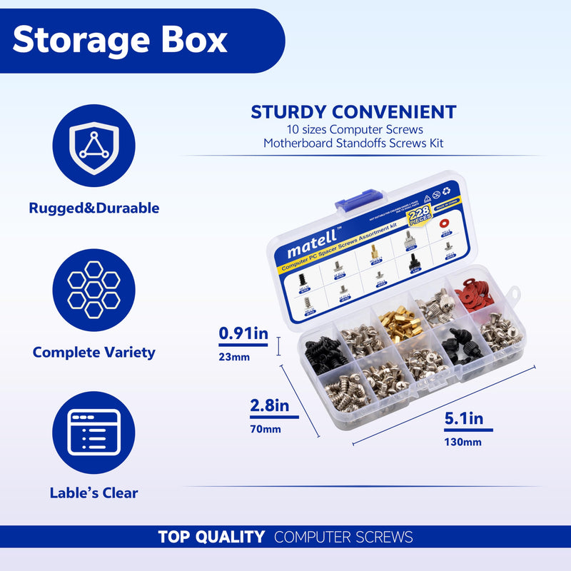 matell 228PCS Computer PC Spacer Screws Assortment Kit，Hard Drive Computer Case Motherboard Fan Power Graphics Chassis, CD-ROM, ATX Case， Power Card ，PC Installation & Repair