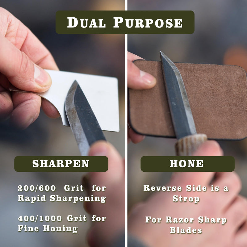 2X Dual Grit Diamond Sharpening Stone + Leather Wallet Strop | By The Bear Essentials | Pocket Credit-Card Sized Field Sharpener for Camping, Bushcraft, Outdoors, Survival, EDC - Light Brown