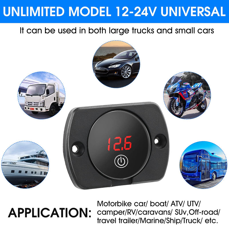 2 Pieces Direct Current 5-48V Car LED Display Voltmeter Waterproof Digital Voltage Gauge Meter with Touch Switch for Boat Marine Vehicle Motorcycle Truck ATV UTV (Red Light) Red Light