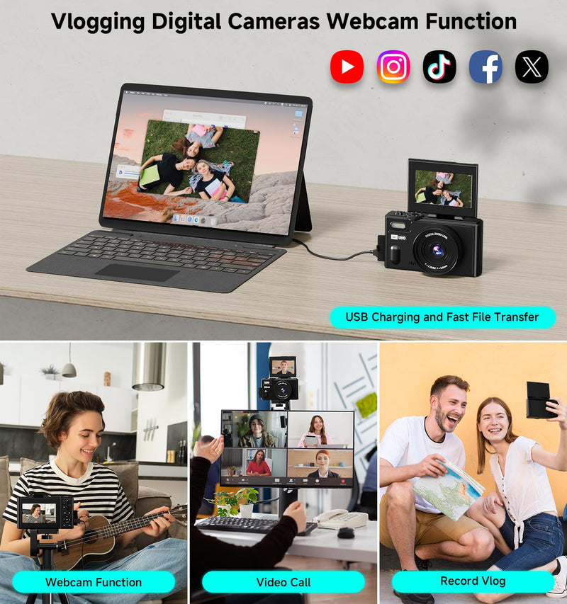 Digital Camera, 5K 80MP Travel Camera for Photography Compact Camera for YouTube with 3" 180° Flip Screen with 18X Zoom Autofocus Vlogging Camera with 64GB SD Card for Teens Beginner (Black) Black