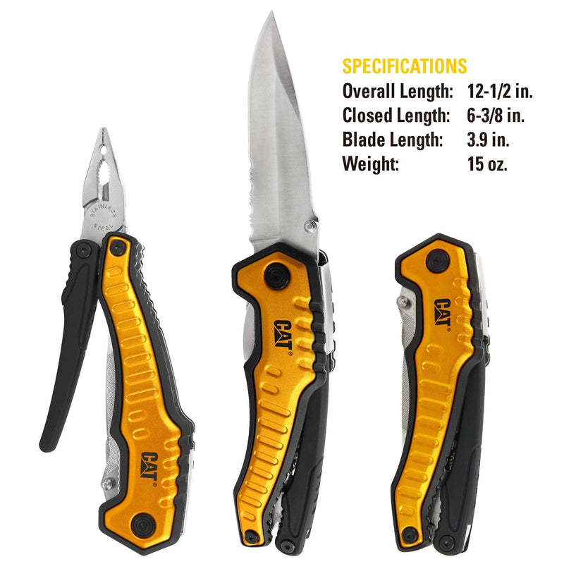 Caterpillar Multi Function Tool 9-in-1, X-Large, Long Nose Pliers, Wire Cutter, Knife, Bottle Opener, Screwdriver, Saw Blade, with Pouch - Yellow 980045 One Size