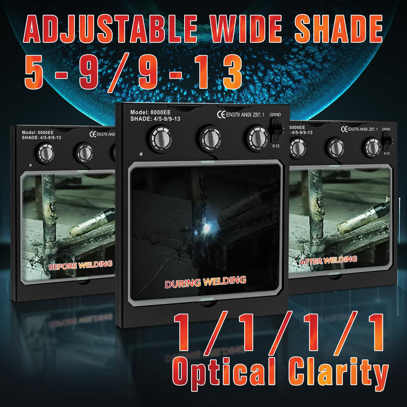 Welding Helmet Lens Auto Darkening True Color 4.49x5.24in Large Viewing Welding Lens with 4 Arc Sensor Adjustable Shade Range 4/5-9/9-13 Welding Hood Lens JH-8000EE