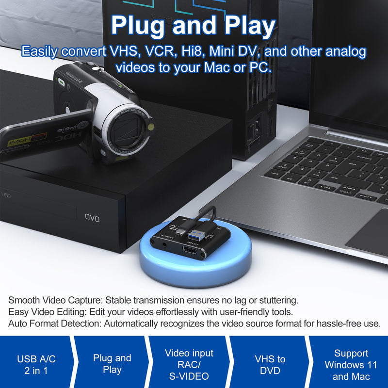 RCA to HDMI Converter & VHS to Digital Converter - USB Video Capture Card for VHS/VCR/DVD/AV - Analog to Digital Converter with 1080P HD Output, AV HDMI Adapter, Save and Digitize Old Videos