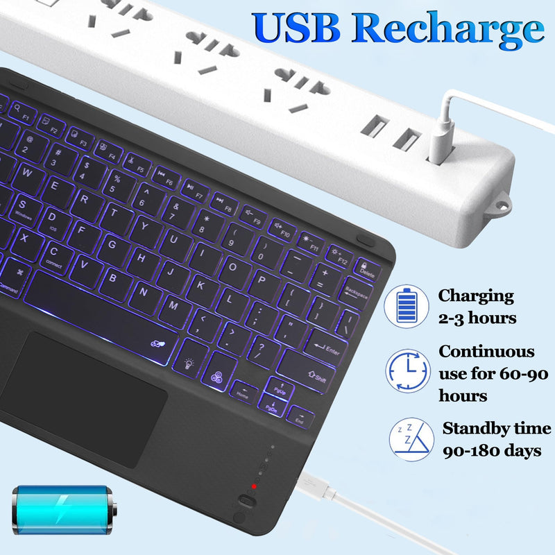 Wireless Bluetooth Keyboard,10-inch Ultra-Slim 7 Color Backlight Keyboard with Touchpad,Rechargeable Wireless Magnetic Bluetooth Portable Keyboard for Mobile Phones,Computers,Tablets and iPads (Black) Black