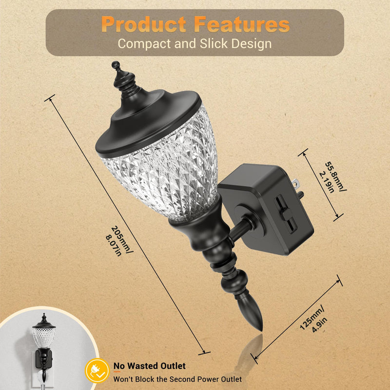 JandCase 2 Pack Night Lights Plug into Wall, 3000K Soft White, Dusk to Dawn Sensor, 0-100LM Dimmable Industrial Night Light, for Bedroom, Bathroom, Living Room, Hallway Black