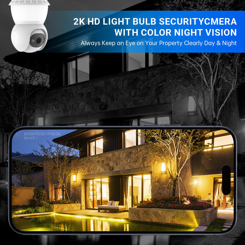 Light Bulb Security Cameras Wireless Outdoor, Lightbulb Security Camera Indoor Outside 2.4G 5GHz WiFi, Motion Detection Alarm, Two Way Talk, Human Detection, Night Vision Light Bulb Camera White