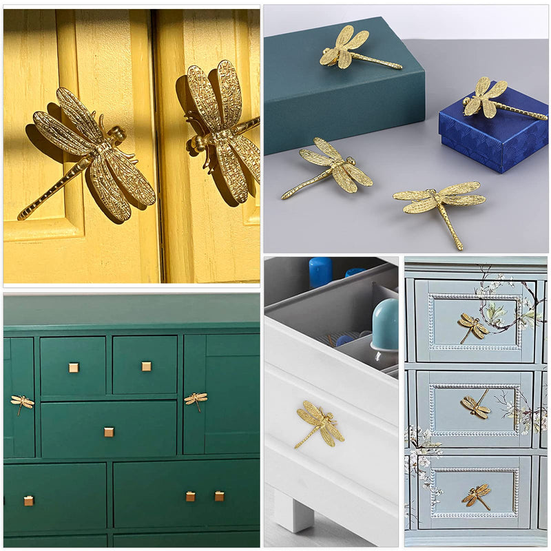 JUXYES Pack of 4 Brass Dragonfly Cabinet Knobs, Golden Tone Cupboard Door Knobs Decorative Dresser Drawer Handle Knobs for Dresser Drawer Cabinet Closet