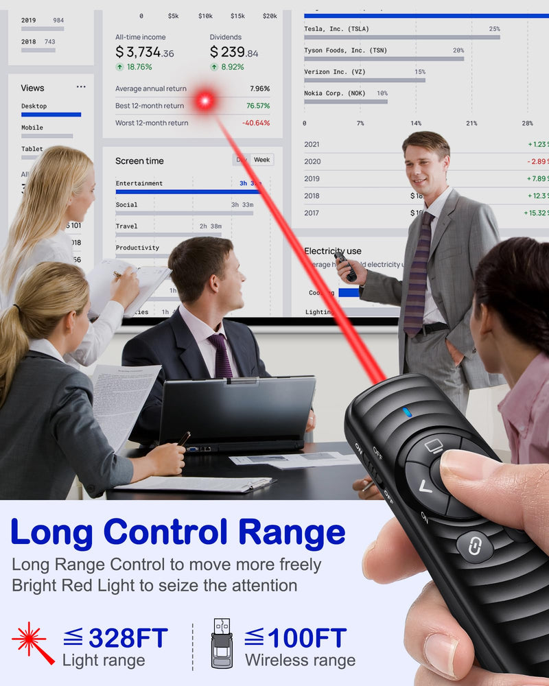 Wireless Presentation Clicker, Powerpoint Clicker Remote with Laser Pointer,Rechargeable Presentation Remote with Hyperlink & Volume Control for PowerPoint, Mac, Computer, Laptop Red Light-Rechargeable