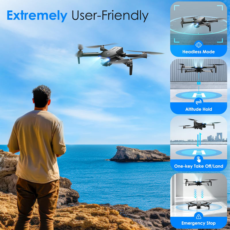 Drone with Camera, 1080P FPV Foldable Drone with Brushless Motor, One Key Take Off/Land, Altitude Hold, 360° Flip, Gravity Control, 2 Batteries, 3 Speeds Mini Drones for Kids Beginners