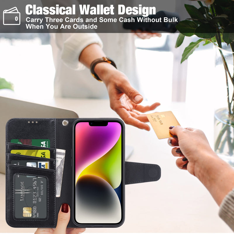 Arae Compatible with iPhone 14 Wallet Case with Card Holder and Wrist Strap Wallet Flip Cover for iPhone 14 6.1inch, Black iPhone 14 6.1 inch