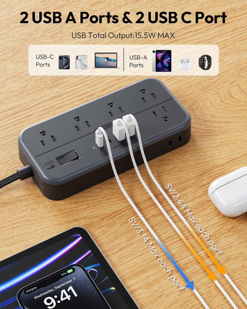 NTONPOWER 25 FT Extension Cord 10 Widely Spaced Outlets, 4 USB Port(2 USB C Port), Ultra Thin Flat Plug Extension Cords 25 Feet, Long Extension Cord for Home Office Garage, Black 10 AC